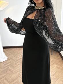 DAZY Women's Shiny Lantern Sleeve Dress Sparkly Dress - Black - View 3