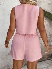 SHEIN LUNE 2pcs Sleeveless V-Neck Slim Fit Pink Plus Size Suit Sets - Pink - View 2