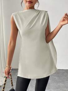 SHEIN Clasi قميص نسائي قصير مربع الأكمام، مزين بكشكشة على الجانب، خصر مشدود، مناسب للضبط - رمادي فاتح - مشاهدة 3