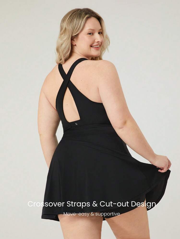 Vestido con pantalón corto incorporado y tirantes cruzados, cintura con cordón y escote pronunciado FeatherFit™-Air de gran talla con copas incorporadas, para uso deportivo de bajo impacto, tenis, actividades diarias y casuales