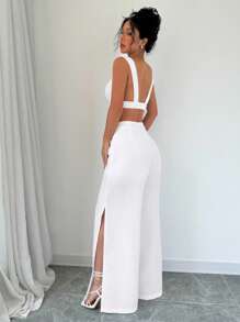 Elenzga 2 pezzi Set di donne elegante composto da top smanicato con scollo a V e pantaloni lunghi con tasche con bottoni