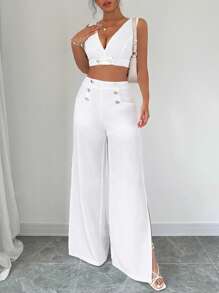 Elenzga 2 pezzi Set di donne elegante composto da top smanicato con scollo a V e pantaloni lunghi con tasche con bottoni