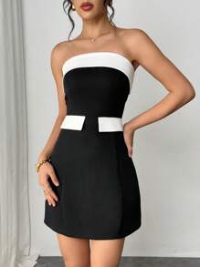 Firerie 女士优雅浪漫时尚通勤性感优雅风格连衣裙，适合派对、度假、返校、浪漫约会和婚礼、生日、迷你连衣裙 - 黑與白 - 查看 4