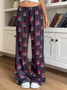 Muchica Women Heart & Letter Print Drawstring Waist Long Pants - Black - View 6
