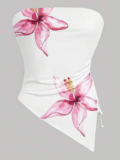 Women's Pink Flower Print Sleeveless Bandeau Top, Summer