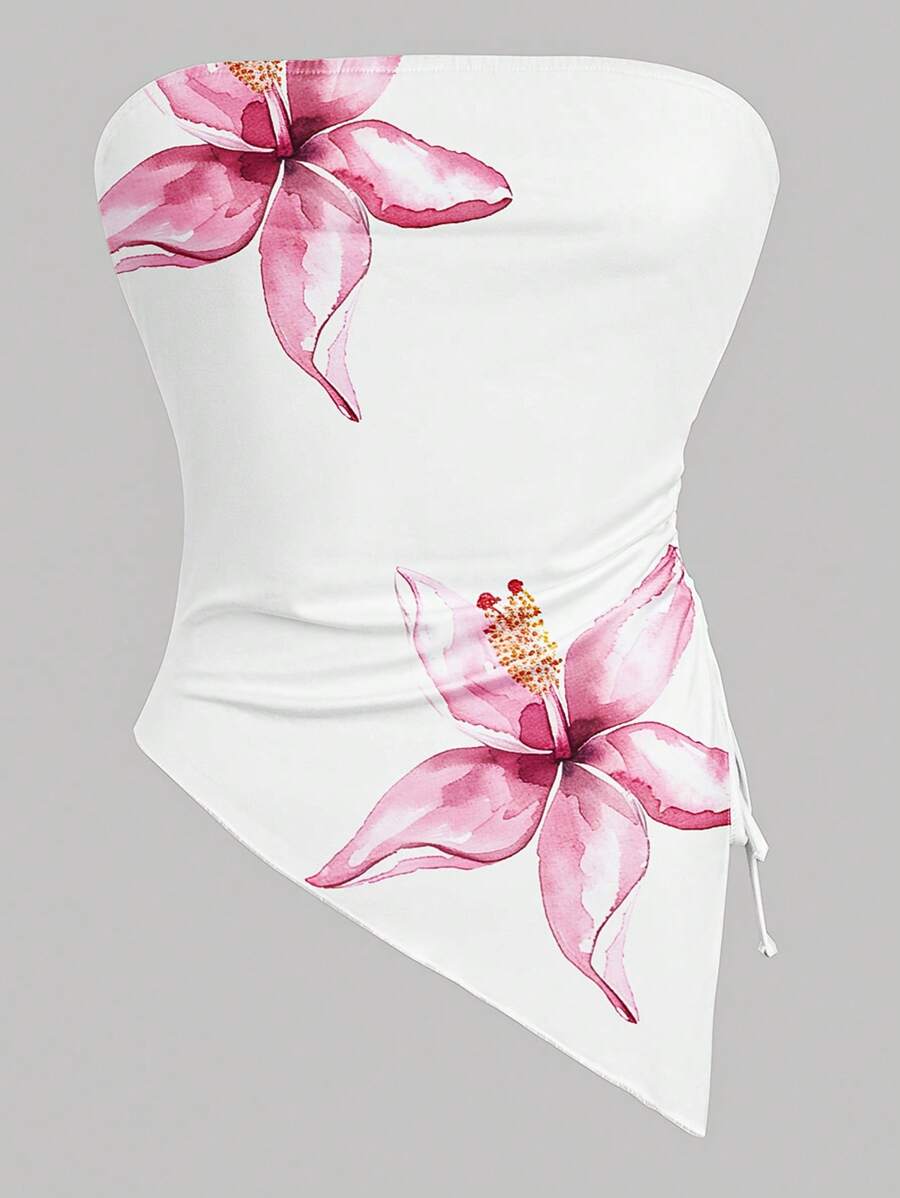 Women's Pink Flower Print Sleeveless Bandeau Top, Summer - Multicolor - View 1