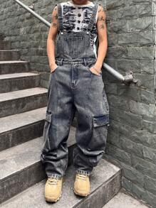 Manfinity EMRG Bộ đồ liền thân denim có túi hộp thường ngày cho nam - Màu xanh lam - Xem 1