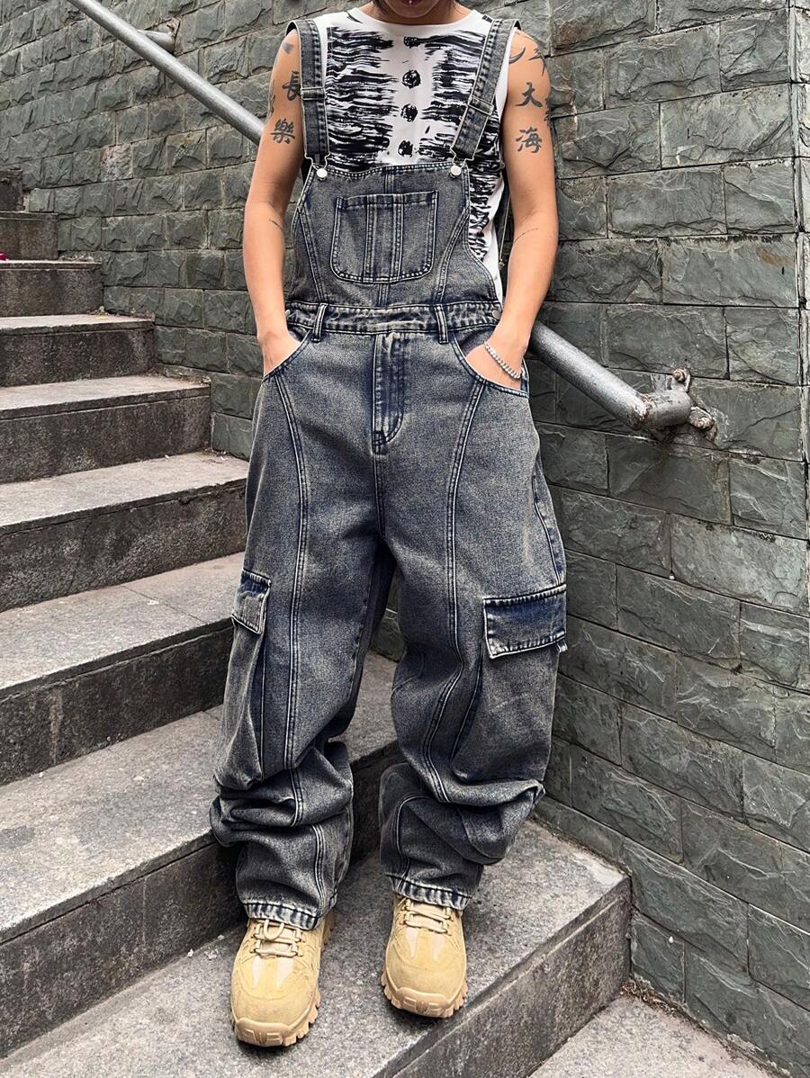 Manfinity EMRG Bộ đồ liền thân denim có túi hộp thường ngày cho nam - Màu xanh lam - Xem 1