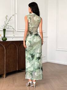 EastFlair Conjunto de 2 piezas de top transparente de mujer con estampado floral elegante y falda, para verano