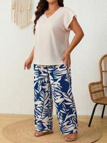 SHEIN Frenchy 2pcs/Set Plus Size Women Casual V-Neck Short Sleeve Shirt And Tropical Plant Print Pants, Suitable For Vacation & Home Leisure - Multicolor - View 6