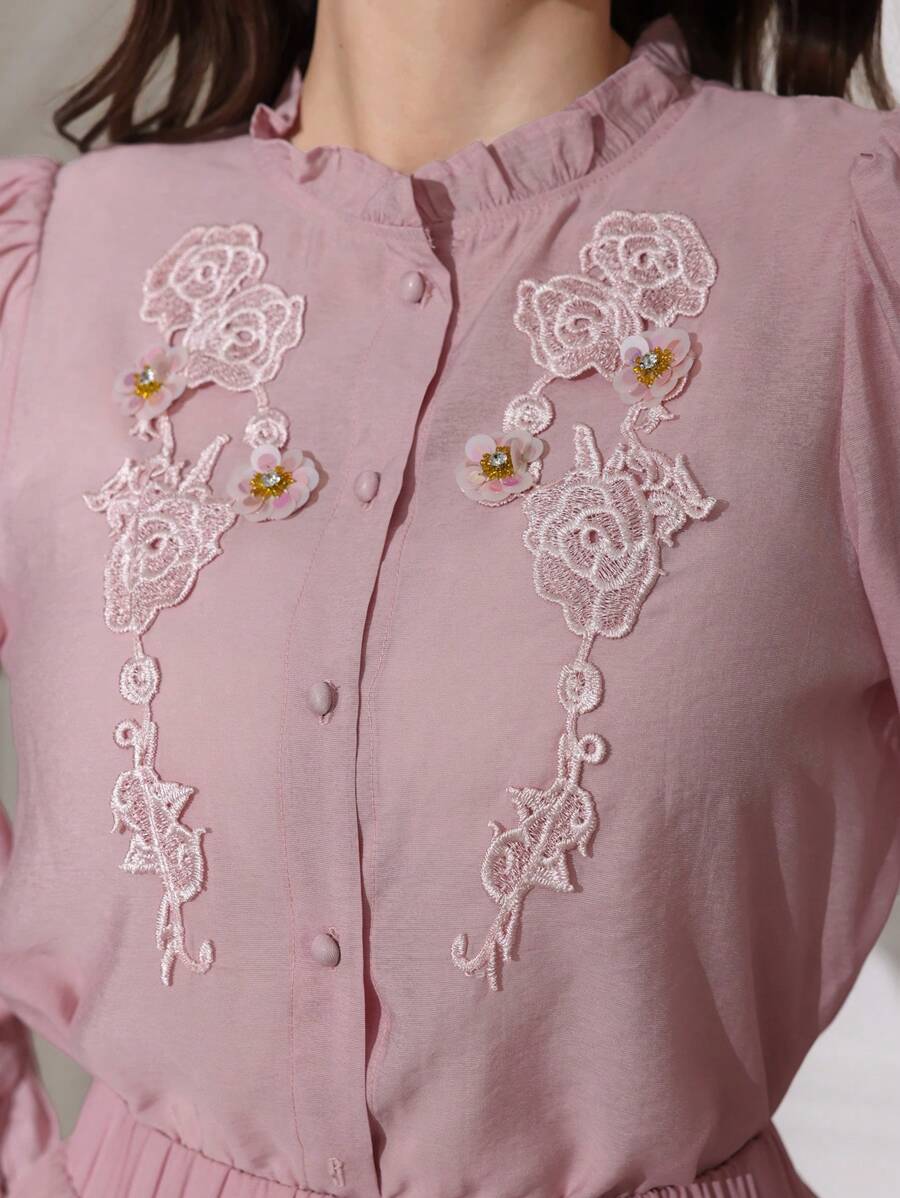 Modelyn 优雅 3D 花卉泡泡袖半透明女式衬衫，春夏 - 粉色 - 查看 1