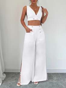 Elenzga 2 pezzi Set di donne elegante composto da top smanicato con scollo a V e pantaloni lunghi con tasche con bottoni
