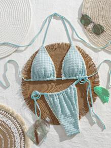 Swim Mod 2pcs/Set Spring Break New Arrival Cute Yellow Tie-Neck Sexy Low Back Ruffle Trim Bikini Swimsuit Set For Women For Summer Beach Vacation - Blue - View 1