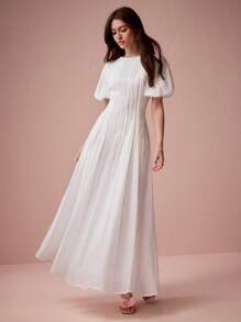 Enchnt Women's Elegant Party Solid Color Puff Sleeve Dress