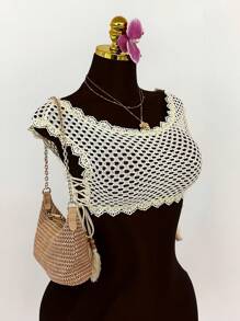 Amplova 波西米亚风度假海滩度假夏季女士度假蕾丝边透明钩针系带女式衬衫，透视上衣