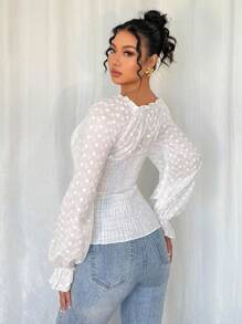 Chiquease Ausgeschnittene Stickerei Chiffon Puffärmel Herzausschnitt Langarm süße Urlaubsbluse für Frauen