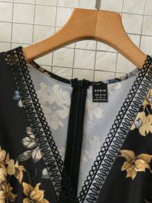 SHEIN Clasi Women Floral Print Contrast Lace Trim Dress - Mustard Yellow - View 3