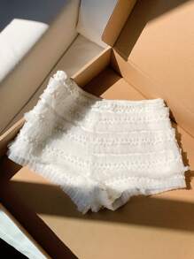 Comfortcana Women's White Knitted Frill Mini Shorts: Casual Summer Style With Tiered Ruffle Detail - White - View 2