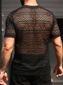 Manfinity Homme Plus Size Men's Hollow Design Round Neck Short Sleeve Fashionable T-Shirt - Black - View 2