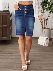Breezaya Women's Casual Blue Denim Knee Length Skirt With Button Front And Front Slit - Blue - View 1