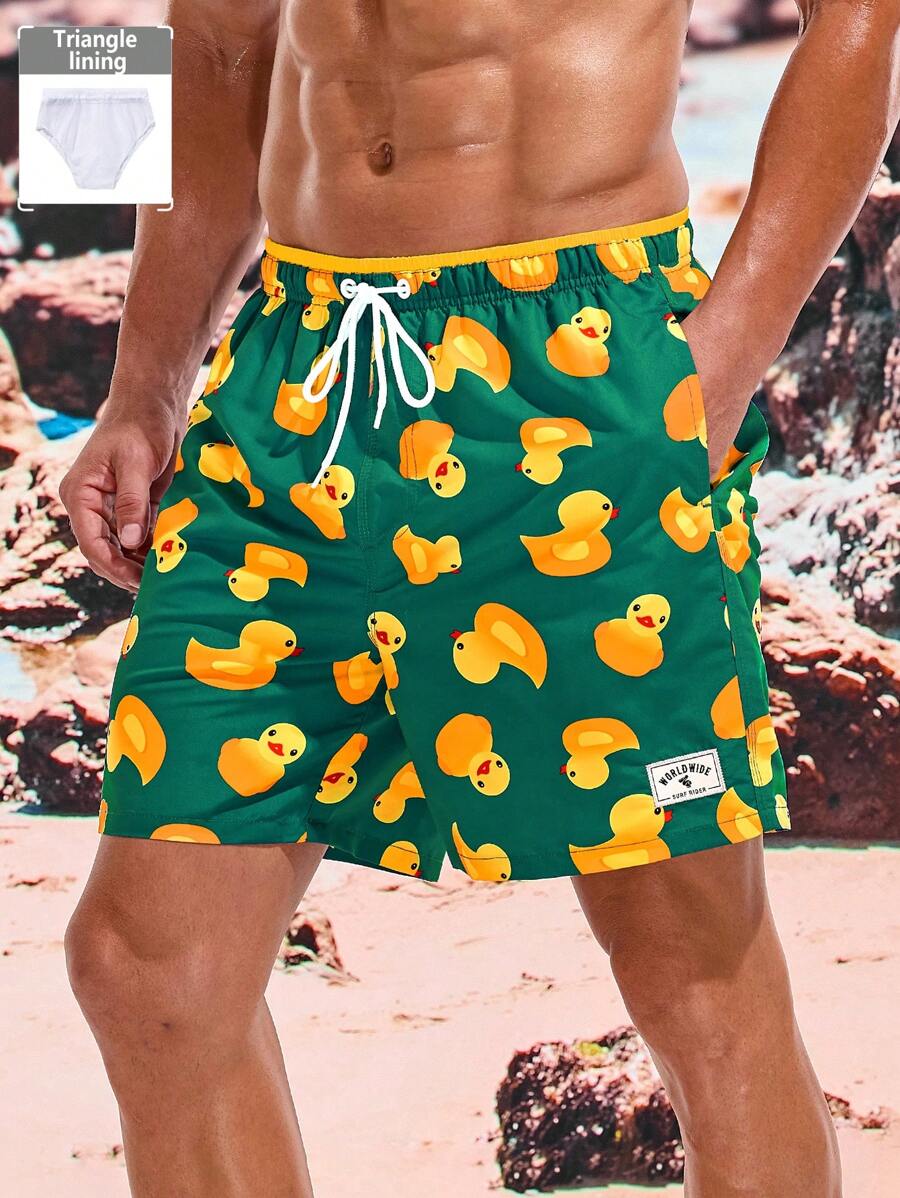 Manfinity Swimmode Men's Cartoon Duck Print Drawstring Waist Beach Shorts - Green - View 1