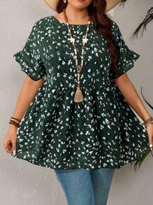 EMERY ROSE Plus Size Casual Resort Style Ruffled Sleeve Allover Print Blouse,Summer,Tropical Vacation Plus Size Christmas
