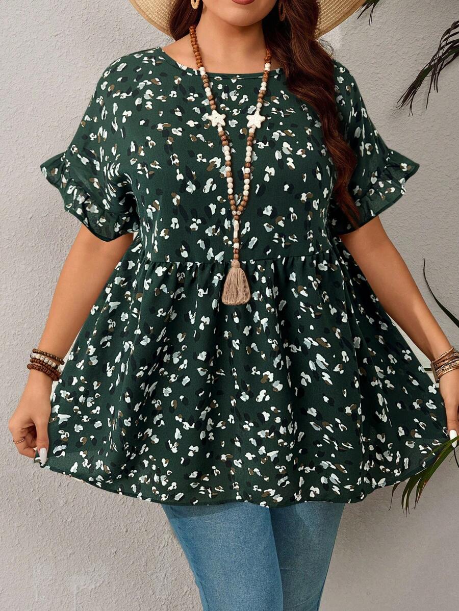 EMERY ROSE Plus Size Casual Resort Style Ruffled Sleeve Allover Print Blouse,Summer,Tropical Vacation Plus Size Christmas