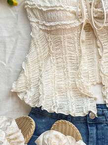 Sweetra Women Lace Trim Drawstring Crop Cami Top, Reversible Spaghetti Strap Design - Apricot - View 4