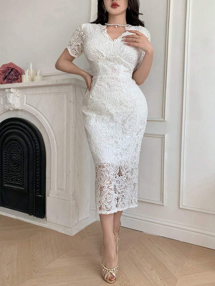 Lace V-Neck Women's Short Sleeve Elegant Mid-Length Dress