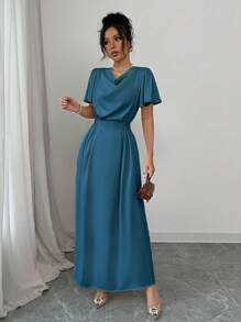 Elenzga Vestido largo con cuello drapeado, cintura ajustada y espalda descubierta con moño, en satén champán, adecuado para el Día de San Valentín y bodas