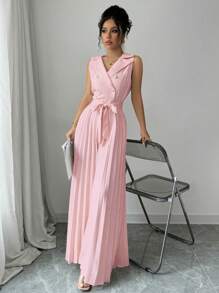 Elenzga 女士优雅杏色双排扣褶皱连体裤，春/秋 - 淺粉色 - 查看 4