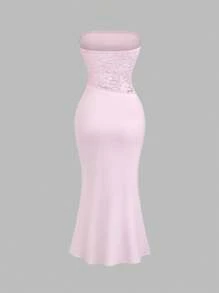 Sweetra French Lace Sexy Tube Top Minimalist Elegant High-End Minimalist Sexy Slim-Fit Women Long Dress - Pink - View 2