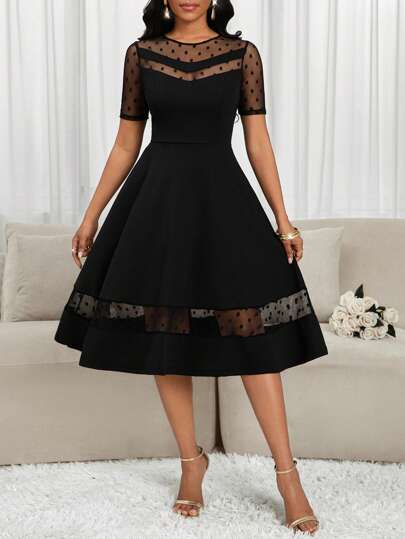 SHEIN Lady Plus Size Women's Elegant Polka Dot Mesh Patchwork Waist Flared Hem Dress, Summer Elegant Dresses For Women Elegant Party Dresses Elegant Dress For Women  Elegant Dress Women Summer Dress Valentines Day Dress Elegant Dresses For Party Summer Dresses For Women Long Summer Dress For Women  Summer Clothes Valentine Clothes  Valentine's Day Valentine Outfits For Women Spring To Summer Black Elegant Midi Dress Black Dress Classy Elegant Black Wedding Guest Dress Black Church Dress