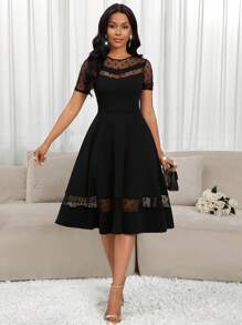 SHEIN Lady 女士网纱拼接短袖A字连衣裙 - 黑色 - 查看 5