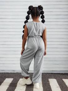 Tween 女童春夏休闲针织圆领无袖松紧腰连体裤、户外街头装哈伦裤 - 灰色 - 查看 2