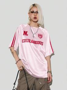 Coolane Women's Oversized Streetwear T-Shirt: Pink Satin Graphic Tee With Red Stripes