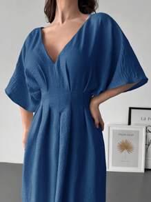 Firerie 全新优雅大伞裙杏色露肩短袖仿麻褶皱女装连衣裙 - 藍色 - 查看 7