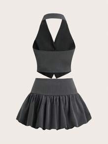 SHEIN EZwear 女士灰色编织单排扣背心和百褶裙套装