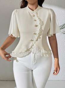 Celure Große Größen Hemd mit Stehkragen, Plissee Rüschenärmel, Metallknöpfe dekoriertes elegantes Hemd mit gerüschtem Saum