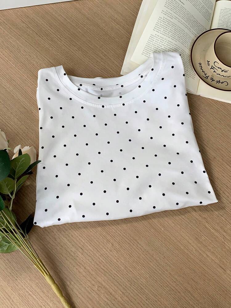 Dazy Plus Valentine Plus Size Women Casual Round Neck Polka Dot Short Sleeve Fitted White T-Shirt