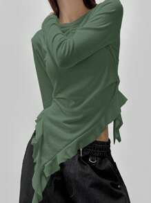 DAZY 女式纯色船领不对称下摆长袖 T 恤，白色，春秋装，秋季女装 - 薄荷綠 - 查看 3