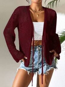Breezaya Áo len cardigan dài tay đơn sắc khoét lỗ phía trước cho nữ - Màu Đỏ Sâu - Xem 5
