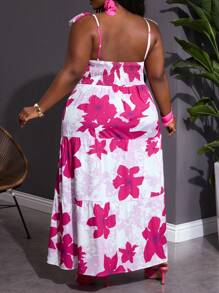 SHEIN CURVE+ Vestido holgado con estampado floral, volantes en el bajo y cinturón para vacaciones y ocio en tallas grandes, estilo bohemio