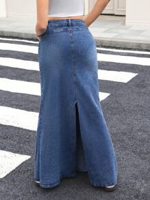 SHEIN EZwear Women's Denim Pencil Skirt, Casual Stretch Bodycon Fish Tail Cut Out Blue