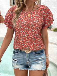 EMERY ROSE Blusa de cuello redondo con volantes y mangas raglán con estampado floral diminuto para vacaciones de mujer