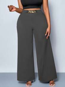 SOLERSUN 大码女式纯色腰带细节阔腿裤、裤子、四季款式、派对、音乐会、通勤日常款式、音乐节、浪漫、情人节、度假 - 灰色 - 查看 5