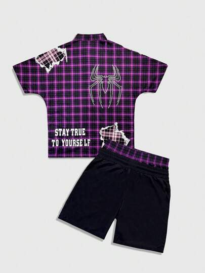 Chemise à manches courtes avec imprimé slogan à carreaux et shorts costume décontracté pour hommes