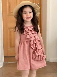 Young Girls' Sleeveless Solid Color Round Neck Simple Fashion Jumpsuit, Suitable For Summer - Pink - View 1