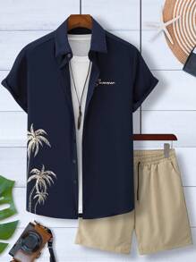 Manfinity RSRT Conjunto casual de talla grande para hombre con camisa de manga corta y pantalones cortos con estampado de palmeras, conjunto cómodo