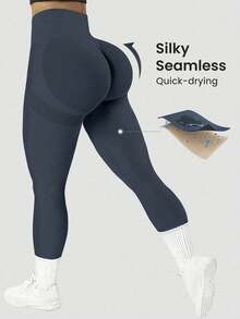 Easithlete Plus Size Women's Wide Waistband Yoga Fitness Leggings - Dusty Blue - View 9